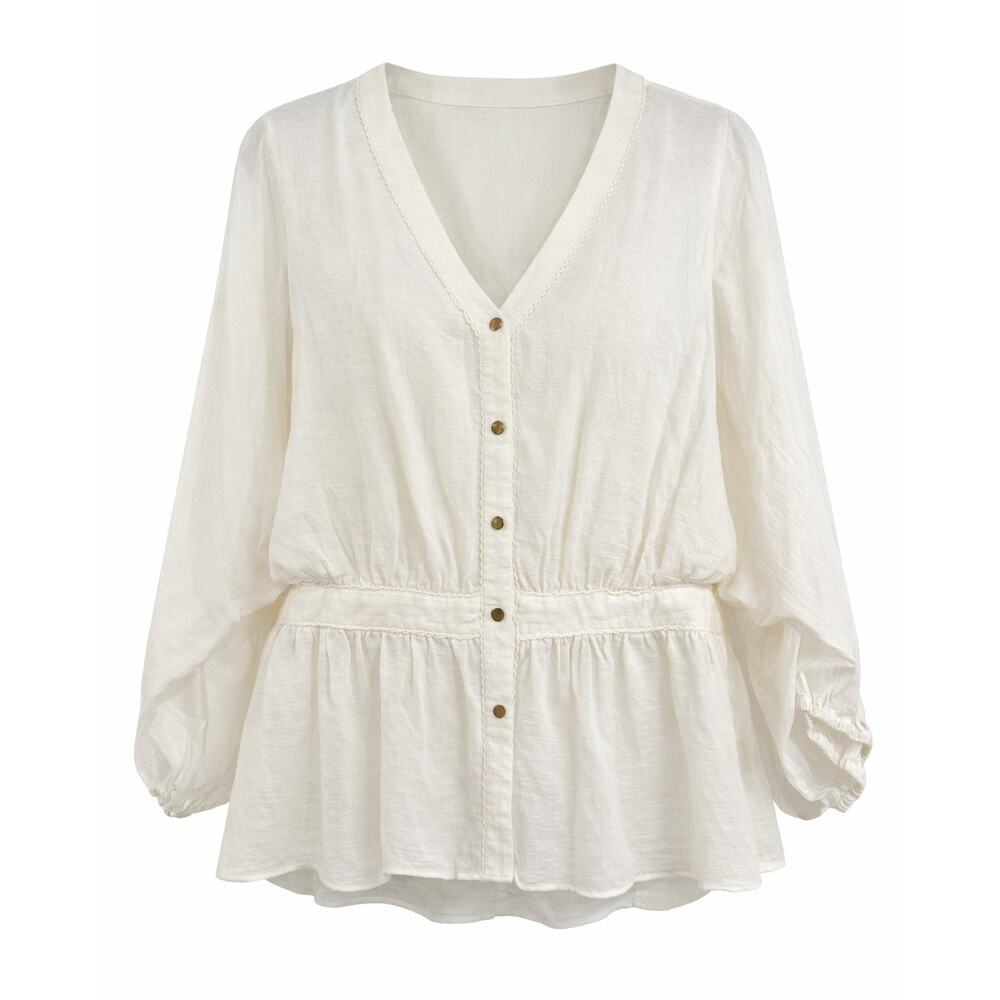 Trina Turk White Cotton Linen Peplum Blouse V-Neck Button Front Boho Top - XL